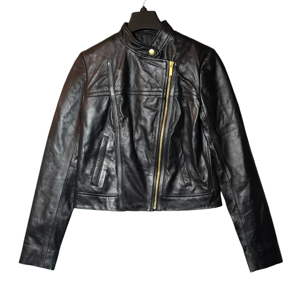 Michael Kors Women's 100% Lambskin Leather Moto Jacket XS Black Gold Biker NWT